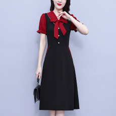 批发大码女装2026夏季胖mm纯色拼接蝴蝶结系带显瘦洋气时尚连衣裙淑女
