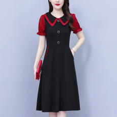 批发大码女装2026夏季胖mm娃娃领拼接简约修身洋气法式气质连衣裙淑女