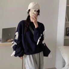 批发原版<b class='q'>韩国</b>东大门早春蝴蝶结绑带圆领宽松套头纯棉长袖<b class='q'>卫衣</b>女上衣潮