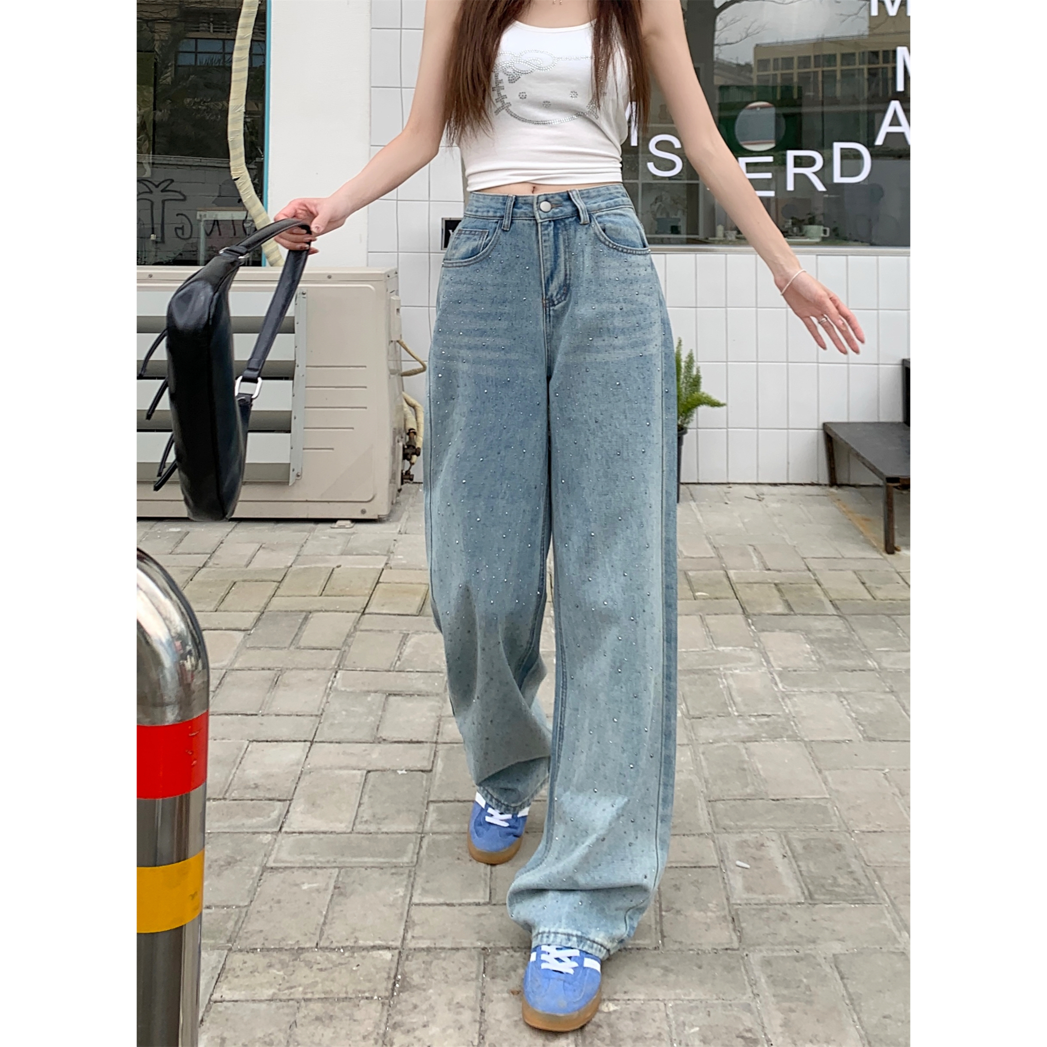실사 빅 사이즈 여성 의류 Gypsophila 핫픽스 고급 디자인 센스 스트레이트 청바지 개성 슬림해 보이는 레트로 와이드 레그 팬츠