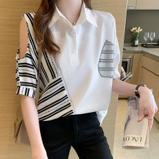批发官图 烫钻polo领条纹雪纺<b class='q'>衬衫</b>短袖<b class='q'>T</b><b class='q'>恤</b>女<b class='q'>夏季</b>宽松露肩上衣<b class='q'>衬衣</b>