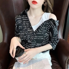 批发官图 假两件雪纺<b class='q'>衬衫</b>短袖T恤女士夏季法式<b class='q'>衬衣</b>露肩上衣polo领