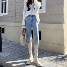 批发紧身牛仔裤女裤子春秋新款韩版高腰显瘦胖mm<b class='q'>大码</b>小脚铅笔长裤