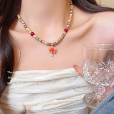 批发新中式复古民族风玫瑰花珍珠项链女小众中古风干花吊坠锁骨链颈链