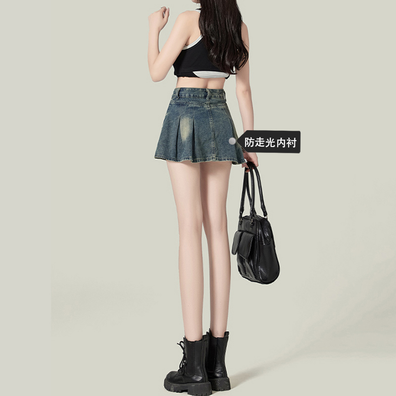 한국어 버전 단순한 플리츠 데님 스커트 여자 봄 여름 새로운 높은 허리 슬림 디스플레이 높음 한 마디 카우보이 치마 짧은 스커트