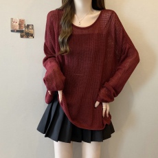 批发实拍~大码新款宽松显瘦慵懒风纯色镂空长袖针织罩衫