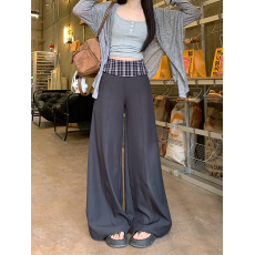 批发实拍设计感西装裤休闲裤女春季灰色裤子阔腿裤宽松高腰垂感拖地裤