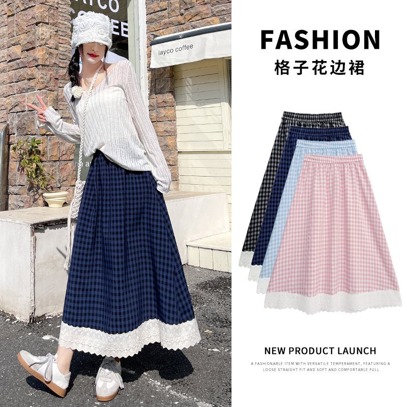 FA14541# 蕾丝花边格子半身裙女中长款新款高腰显瘦a字蓬蓬蛋糕裙 服装批发女装服饰货源