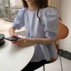 韩国chic夏季极简主义圆领泡泡袖显白娃娃衫上衣宽松减龄衬衫女