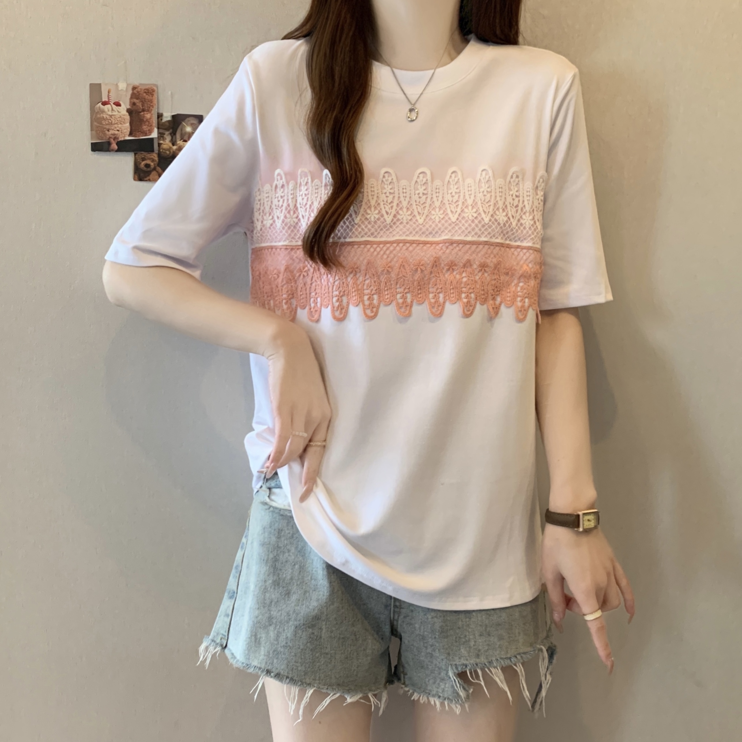 FA12385# ～大码胖mm宽松渐变色蕾丝拼接设计感圆领短袖T恤上衣 服裝批發女裝批發服飾貨源