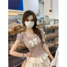 批发黑色蝴蝶结短款正肩短袖T恤衫女夏季新款爆款设计感修身上衣