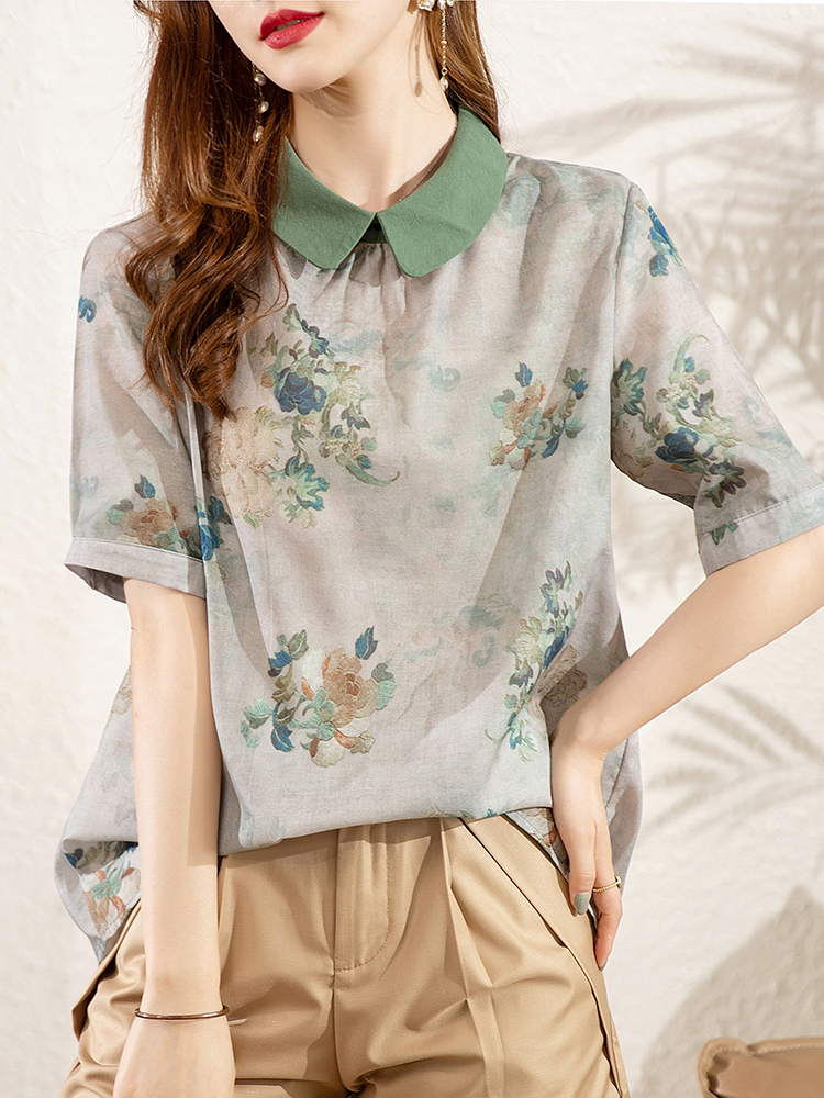 MY3653# 夏季新款复古气质印花文艺翻领宽松套头衬衣女裝貨源服裝批發