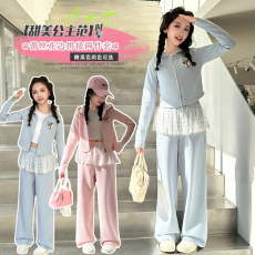 批发<b class='q'>女</b><b class='q'>童</b><b class='q'>春</b>季<b class='q'>开衫</b>套装2026新款<b class='q'>女</b><b class='q'>大</b>童甜美花边卫衣休闲裤春秋款两件套