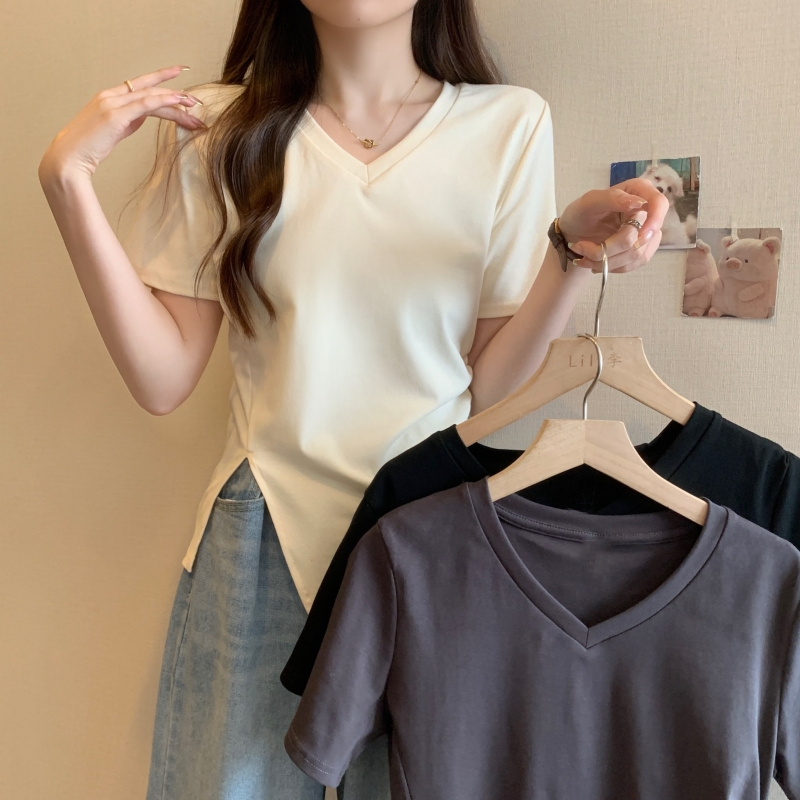 MY7522# 40支纯棉92棉/8氨纶短袖T恤女纯色开叉女裝貨源服裝批發