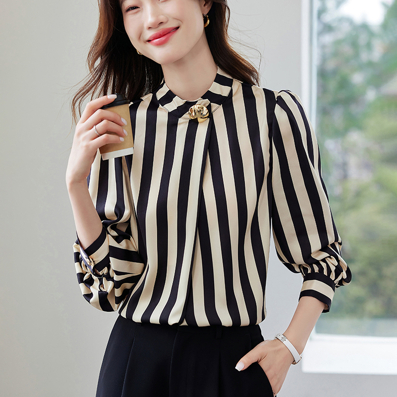 MY2453# 新款高级感气质通勤长袖立领金属扣条纹衬衫上衣女女裝貨源服裝批發