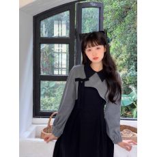 批发两件装  法式黑色长袖连衣裙子女秋冬季小个子入秋一整套穿搭套装