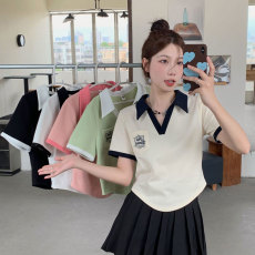 批发大码polo领<b class='q'>短袖</b>正肩t恤女夏微胖mm不规则短款显瘦