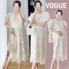 批发实拍 2026夏季新款泡泡袖连衣裙重工蕾丝花卉<b class='q'>中长款</b>裙