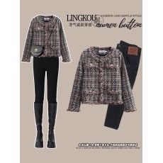 批发大码女春装<b class='q'>牛仔</b>套装胖mm高级感小香风毛呢西装短外套小脚裤两件套