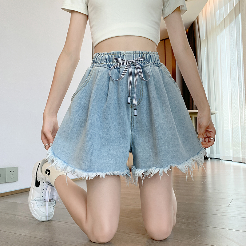 실사 한 마디 거친 가장자리 핫 바지 와이드 밴딩 하이웨이스트 넓은 다리 데님 반바지 슬림해 보이는 표지 고기 빅 사이즈 여성 의류 230kg