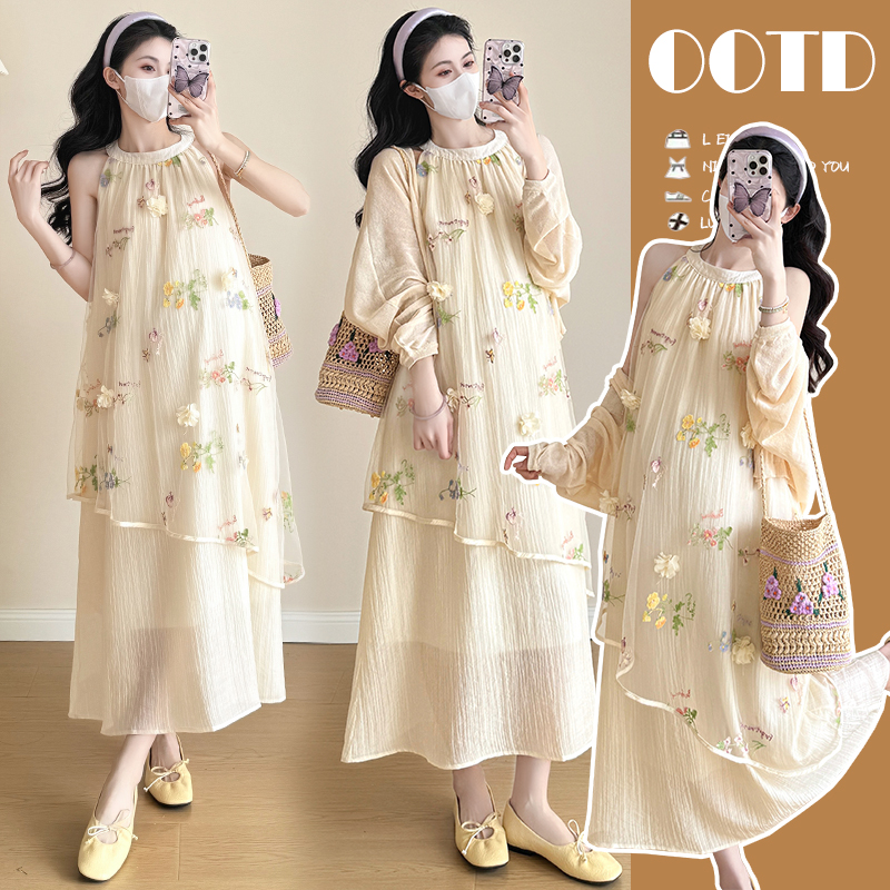 실사 지금 이른 봄 2026 새로운 출산 착용 꽃 행침 목 드레스 달콤함 드레스 임산부 투피스 세트