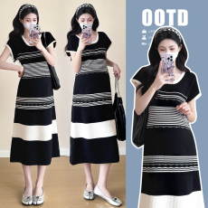批发实拍2026夏季新款针织<b class='q'>条纹</b>孕妇装长款休闲孕妇裙子产后哺乳裙