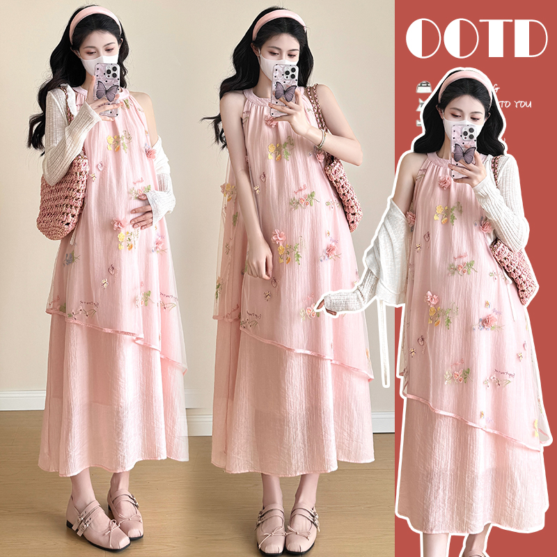 실사 지금 봄 새로운 2026 출산 착용 망사 자수 행침 목 드레스 루즈핏 달콤함 임산부 세트