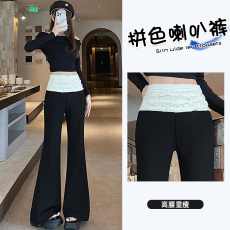 批发蕾丝花边拼接 喇叭裤女春夏公主风  褶皱高腰阔腿裤女微喇女裤子