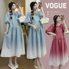 批发实拍 2026夏季新款<b class='q'>孕妇</b><b class='q'>连衣裙</b>渐变v领宽松泡泡袖连衣裙正反两穿