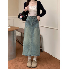 批发中长款半身裙女装2025年春季新款高腰显瘦A字版开叉牛仔裙
