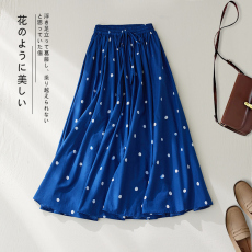 批发实拍  蓝色波点纯棉半身裙女春秋季新款收腰印花A字长裙