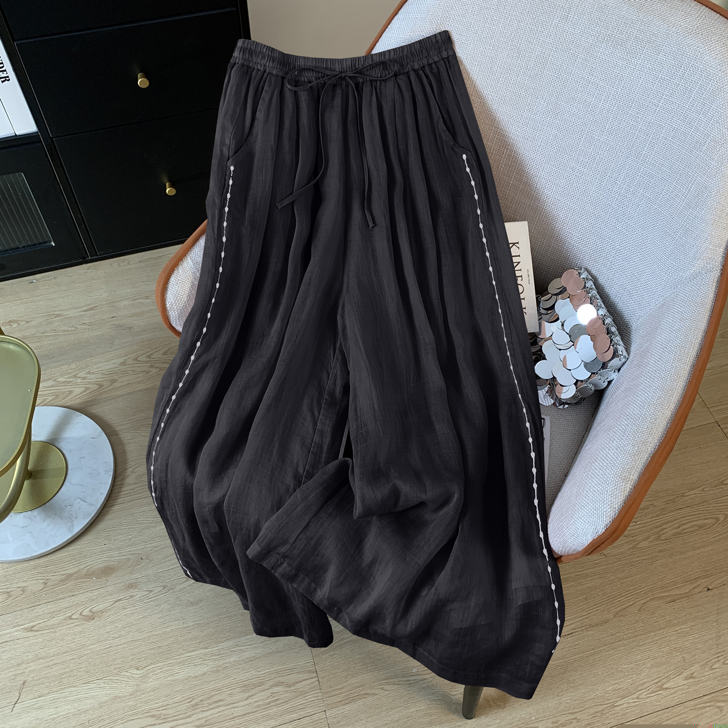 7665#2026 여름 문예 미니멀리즘 품격 자수 와이드 레그 팬츠 슬림해 보이는 통기성 바지 수리 다리 종류 긴 바지