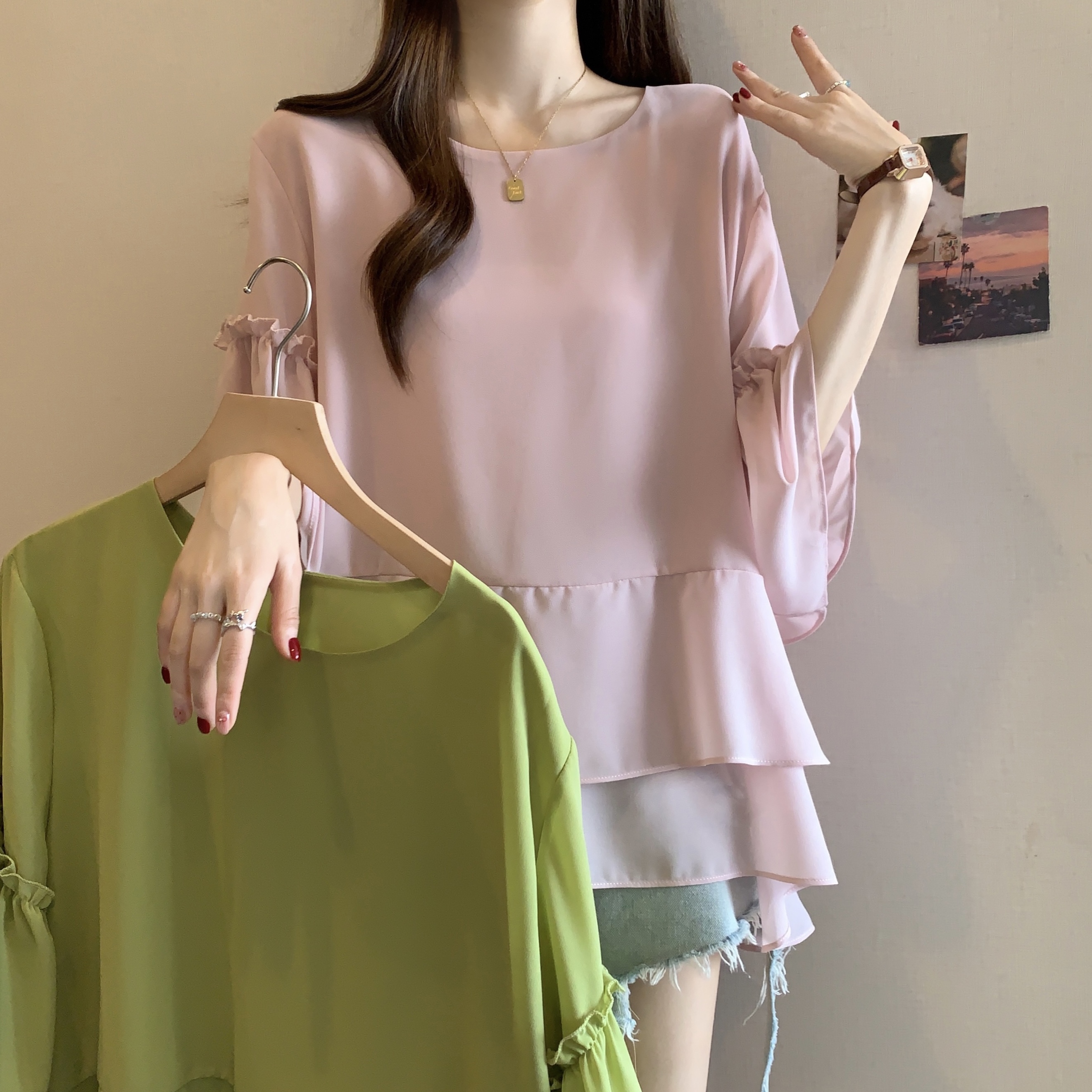 FA12171# 大码女装法式荷叶边遮肚子短袖雪纺衫女夏季胖mm宽松显瘦t恤上衣 服裝批發女裝批發服飾貨源