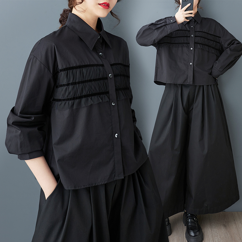 실사 작은 대중 디자인 센스 3개 선 펌프 Pleat 패션 셔츠 다크 색상 일본식 POLO 칼라 맨위