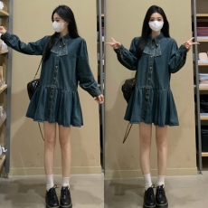 批发实拍 2026新款<b class='q'>大码</b><b class='q'>女装</b>春装<b class='q'>长袖</b>牛仔蝴蝶结百褶连衣裙