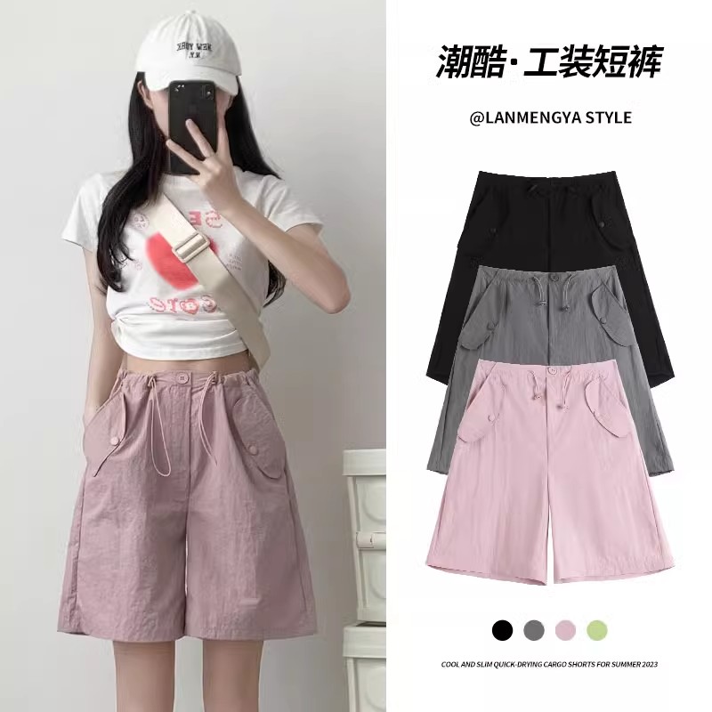 MY1719# 原版原料做法工装短裤女夏季高腰休闲阔腿速干运动美式五分裤子女裝貨源服裝批發