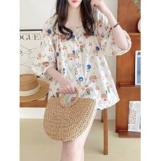 批发<b class='q'>娃娃衫</b>上衣女夏新款宽松法式甜美V领灯笼袖百搭童趣印花衬衫