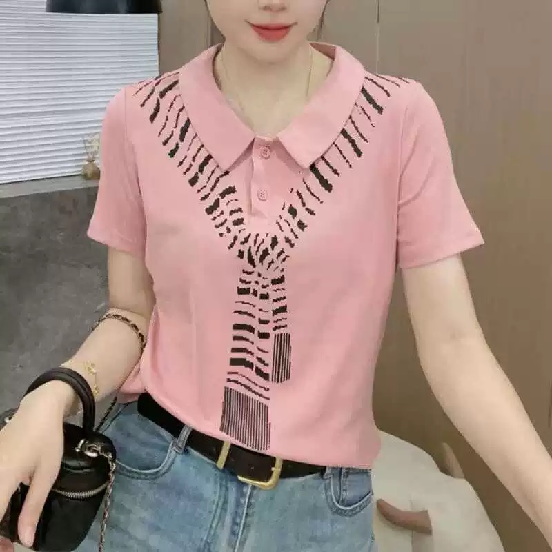 CP598#洋气polo领短袖t恤女夏季新款时尚围巾印花气质百搭显瘦翻领上...