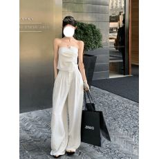 批发原版质量法式辣妹不规则套装女春夏新款肌理高腰阔腿西裤两件套潮