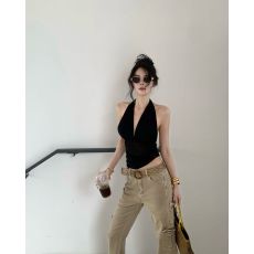 批发实拍实价夏季挂脖吊带背心辣妹性感V领抽褶收腰显瘦高弹网纱上衣