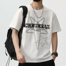 批发实拍2025夏季新款圆领短袖t恤男百搭舒适薄款印花宽松T恤衫