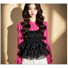 批发2026春季新款减龄百搭高级感独特小众洋气超好看玫红色撞色上衣女