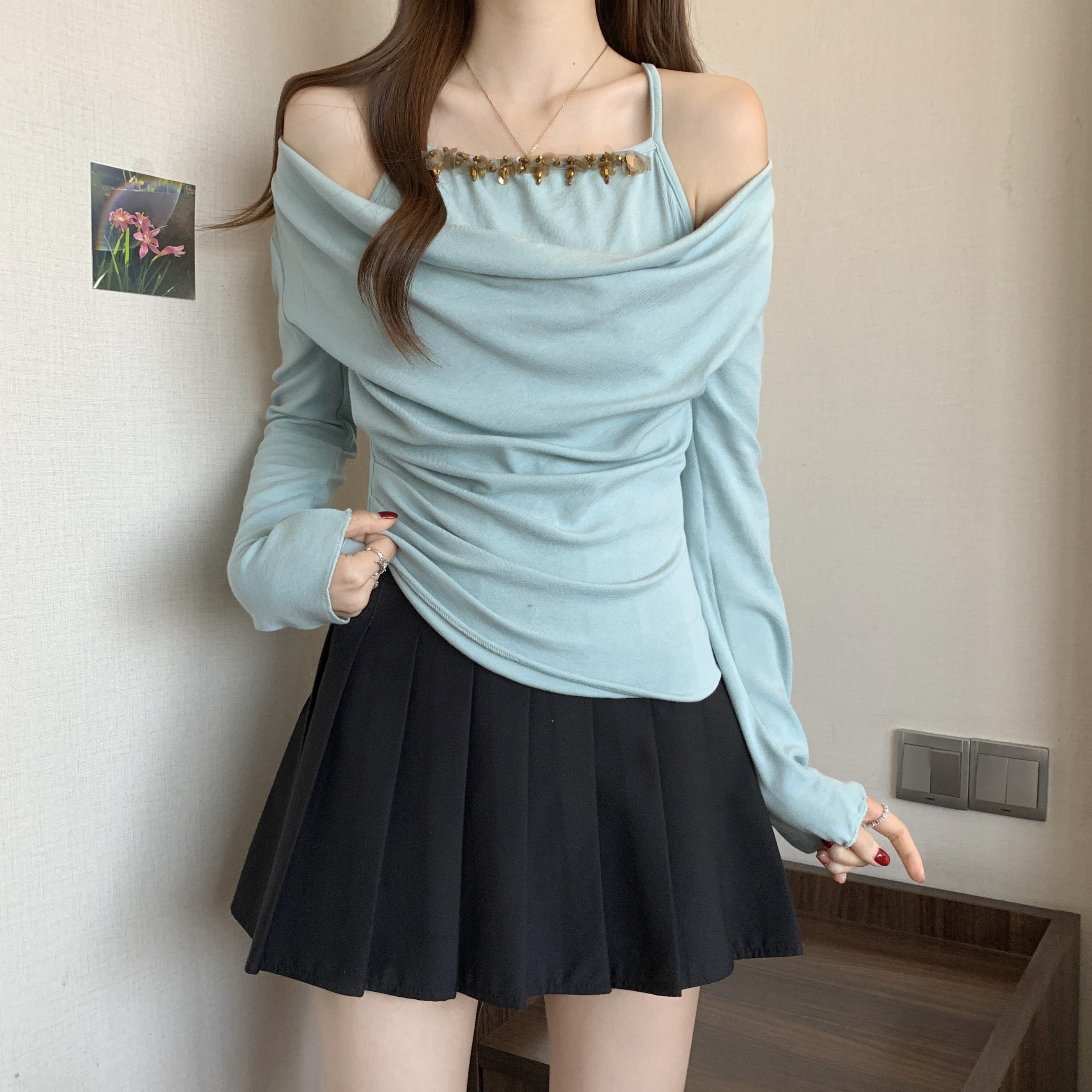 FA12188# 拼接假两件荡领长袖T恤女春秋褶皱纯欲显瘦打底上衣 服裝批發女裝批發服飾貨源