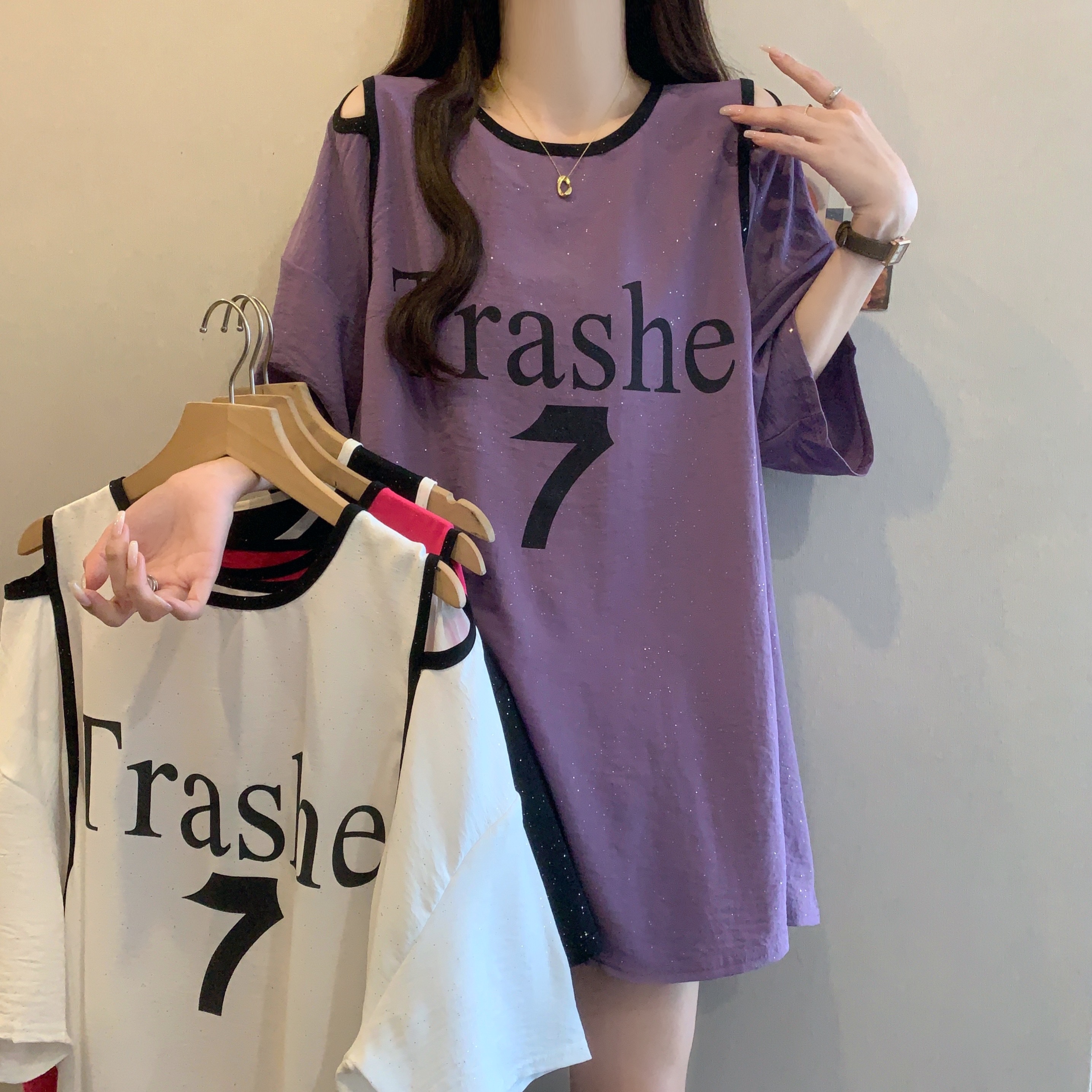 FA12186# 夏季新款大码上衣胖MM慵懒风宽松中长款露肩短袖T恤女 服裝批發女裝批發服飾貨源