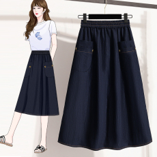 批发实拍夏款大码牛仔半身裙女显瘦a字裙<b class='q'>胖</b>MM<b class='q'>松紧腰</b>半裙高腰天丝裙