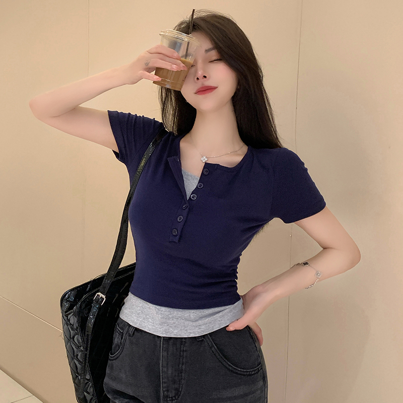 MY1832#  拼接撞色假两件长袖T恤女修身显瘦小众设计别致短款上衣女裝貨源服裝批發