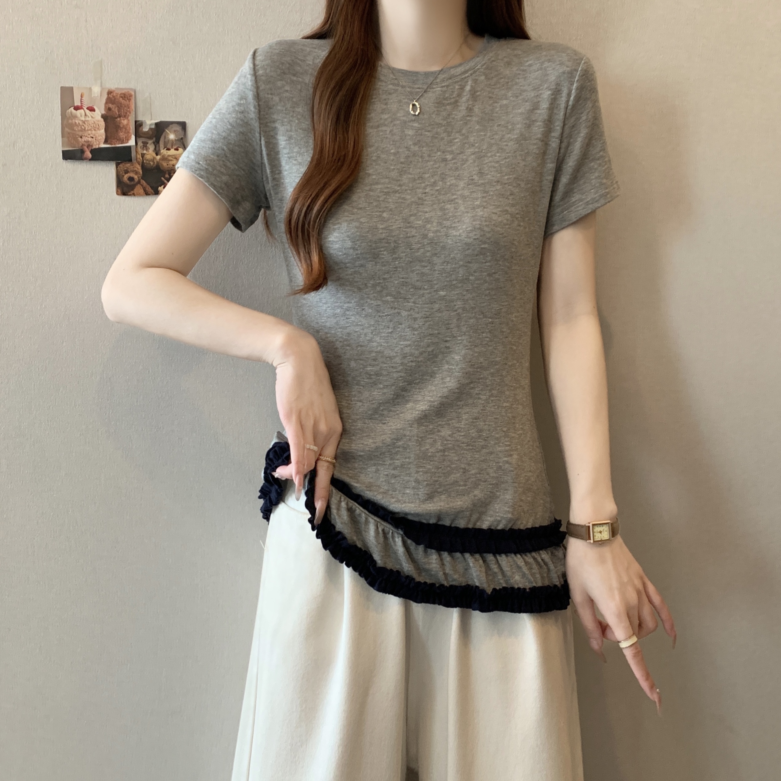 FA12384# 大码胖mm韩系纯欲拼接木耳边短袖T恤女圆领正肩收腰上衣 服裝批發女裝批發服飾貨源
