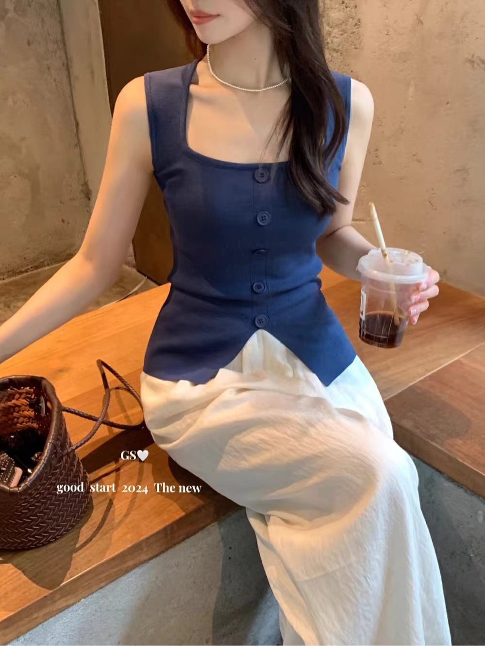 gs 보 주님 착용 가져 가라. 여름 새로운 핏 스타일 슈퍼 마 순수한 욕망 슬림해 보이는 싱글 줄 버튼 민소매 조끼 니트 스웨터 여성 의류