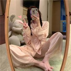 批发春秋新款翻领睡衣女蕾丝花边<b class='q'>长袖</b>公主风可外穿开衫冰丝<b class='q'>家居服</b>套装