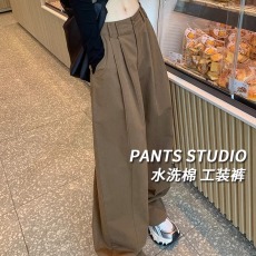 批发水洗棉工装裤女款春秋2026新款宽松高腰美式复古<b class='q'>休闲</b>直筒阔腿裤子